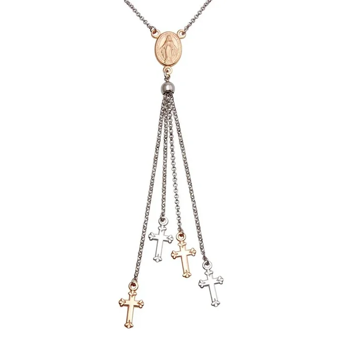 Rhodium Plated 925 Sterling Silver and Rose Gold Plated Rosary Tassel Necklace – ARN00048RH-RGP