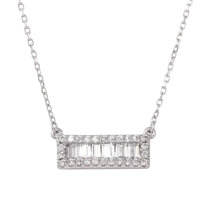 Rhodium Plated 925 Sterling Silver Bar Pendant Necklace with CZ – BGP01264