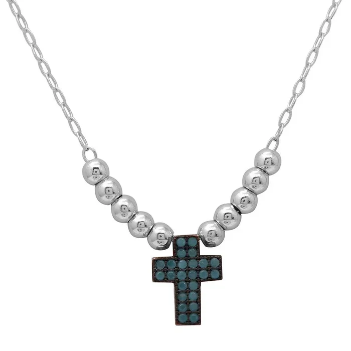 Rhodium Plated 925 Sterling Silver Beaded Necklace with Turquoise Stone Cross – GMN00025RB