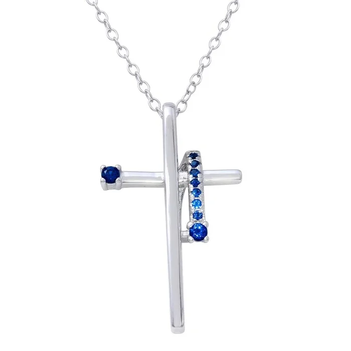Rhodium Plated 925 Sterling Silver Blue CZ Designed Cross Necklace – BGP01273BLU