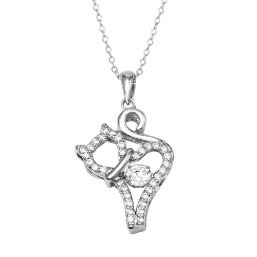 Rhodium Plated 925 Sterling Silver Cat Necklace with Dancing CZ – STP01687