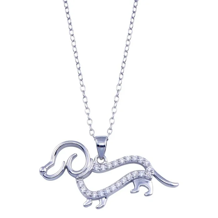 Rhodium Plated 925 Sterling Silver Clear CZ Outline Dog Necklace – BGP01405