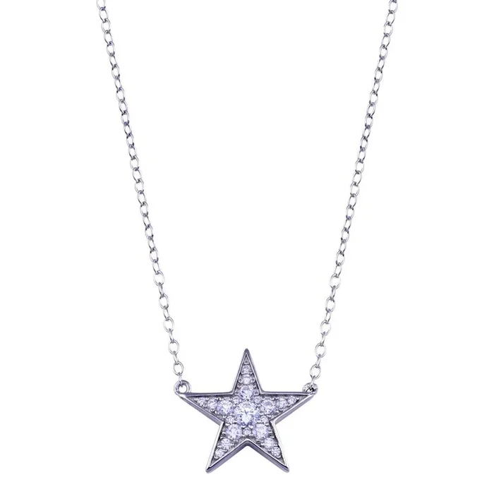Rhodium Plated 925 Sterling Silver Clear CZ Star Necklace – BGP01410