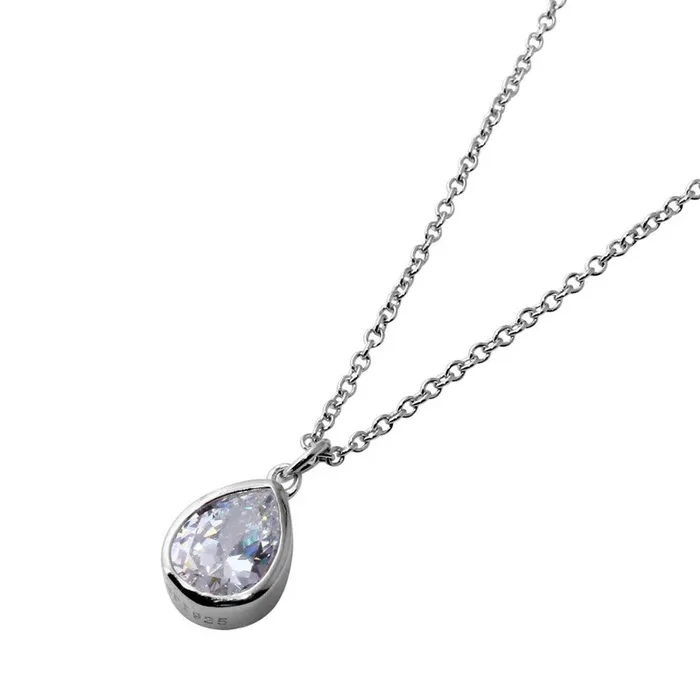 Rhodium Plated 925 Sterling Silver Collar with Dropped Clear Pear CZ Necklace – STP01581RH
