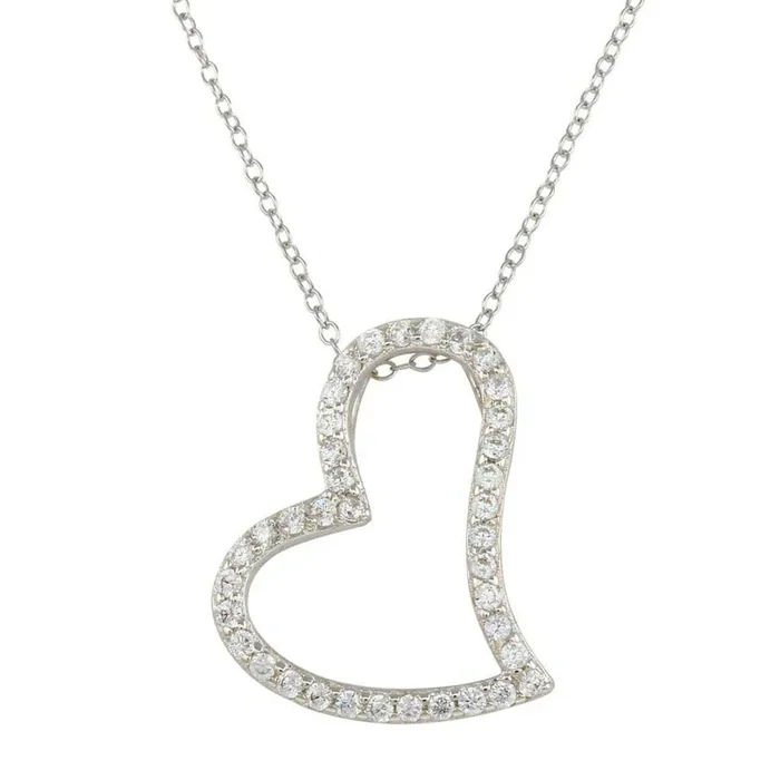 Rhodium Plated 925 Sterling Silver Crooked Heart Necklace with CZ – STP01498