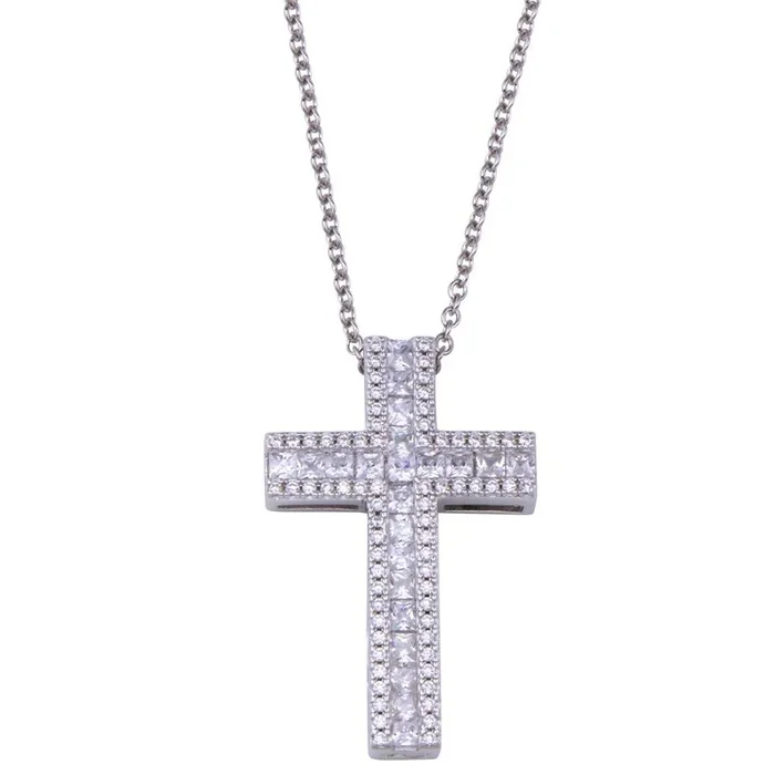 Rhodium Plated 925 Sterling Silver Cross CZ Necklace – BGP01432