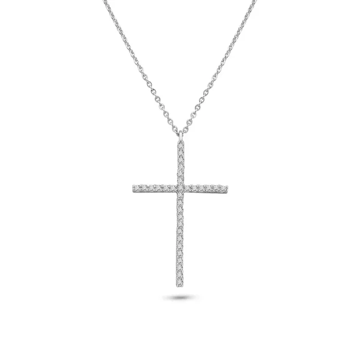 Rhodium Plated 925 Sterling Silver Cross CZ Necklace – GMN00204