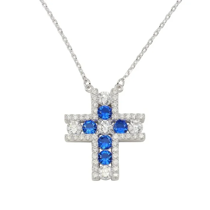Rhodium Plated 925 Sterling Silver Cross Pendant Necklace with Clear and Blue Necklace – BGP01279