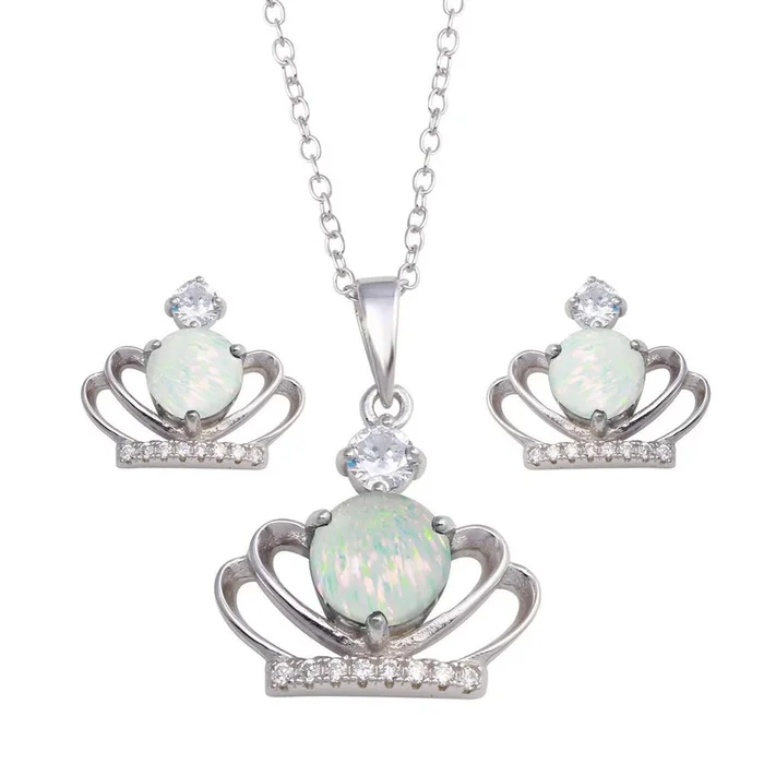 Rhodium Plated 925 Sterling Silver Crown Synthetic Opal CZ Set – BGS00599