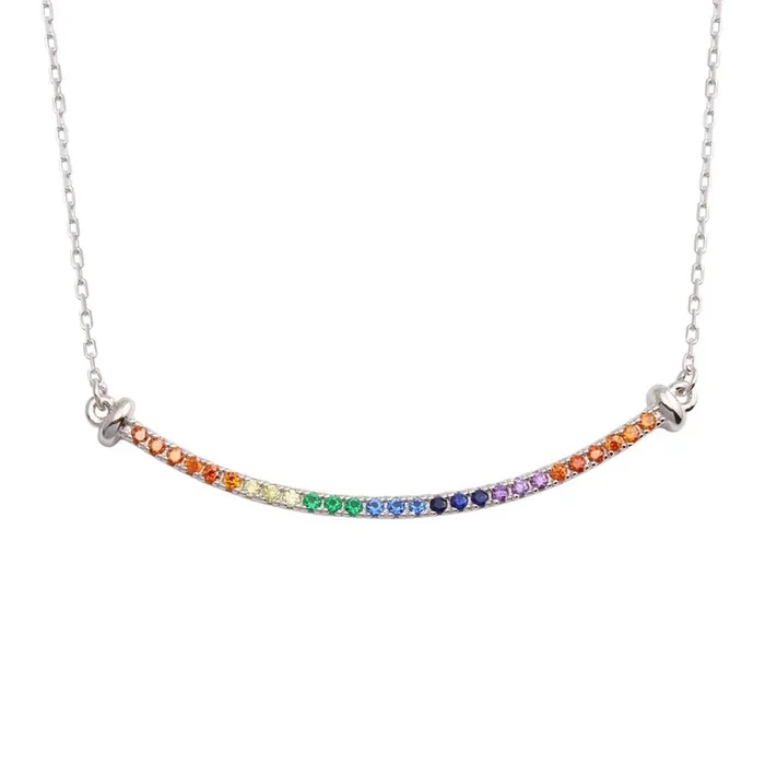 Rhodium Plated 925 Sterling Silver Curve Pendant Necklace with Rainbow CZ – BGP01310