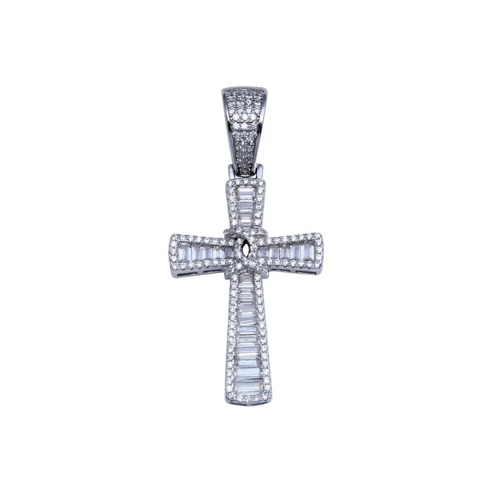 Rhodium Plated 925 Sterling Silver CZ Cross Hip Hop Pendant – SLP00262