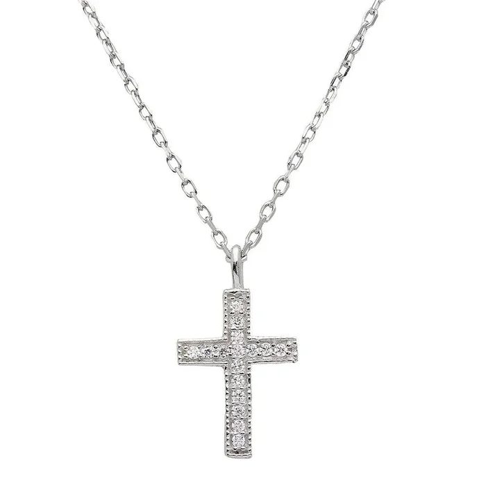 Rhodium Plated 925 Sterling Silver CZ Cross Necklace – STP01539