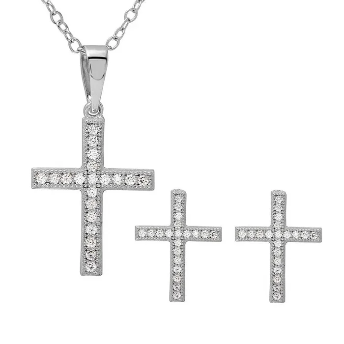 Rhodium Plated 925 Sterling Silver CZ Cross Set – BGS00494