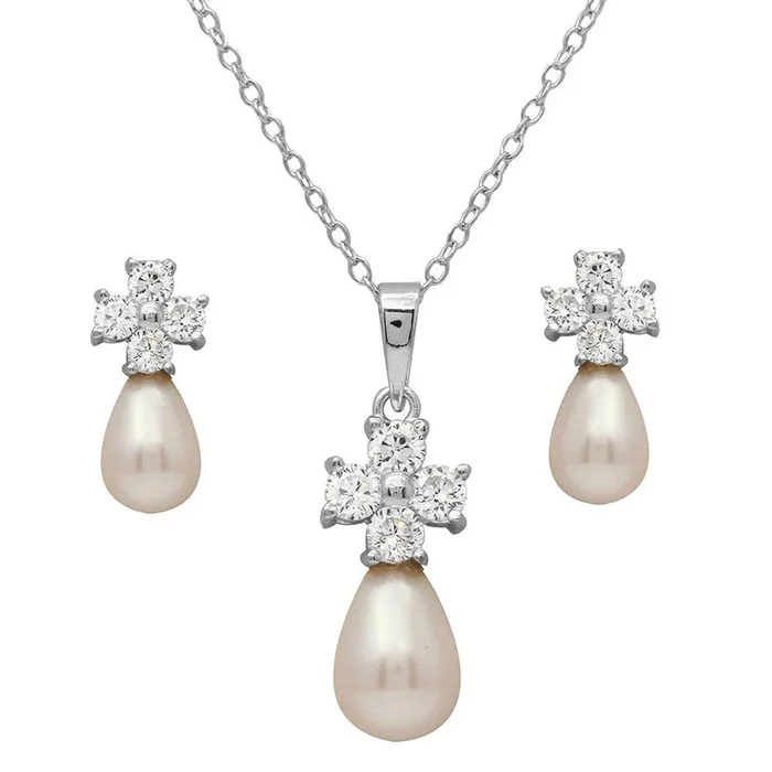 Rhodium Plated 925 Sterling Silver CZ Cross Set with Fresh Water Pearl – BGS00502