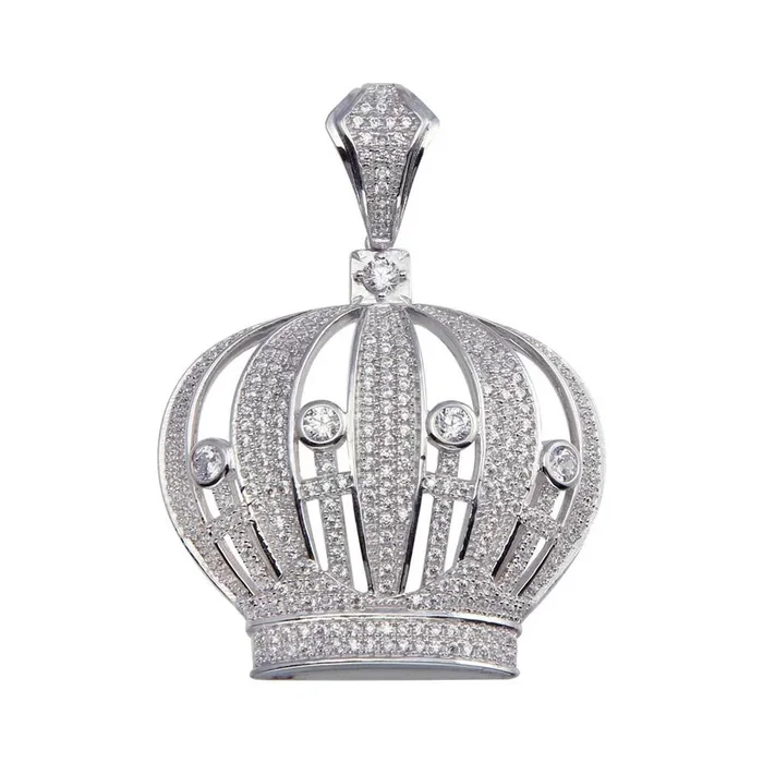 Rhodium Plated 925 Sterling Silver CZ Crown Hip Hop Pendant – SLP00060.