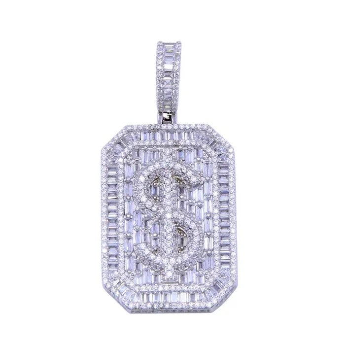 Rhodium Plated 925 Sterling Silver CZ Dollar Sign Tag Pendant – SLP00300
