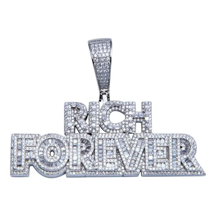Rhodium Plated 925 Sterling Silver CZ FOREVER RICH Hip Hop Pendant – SLP00243