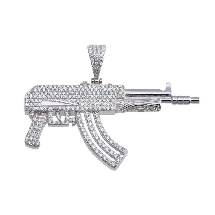 Rhodium Plated 925 Sterling Silver CZ Gun Hip Hop Pendant – SLP00098