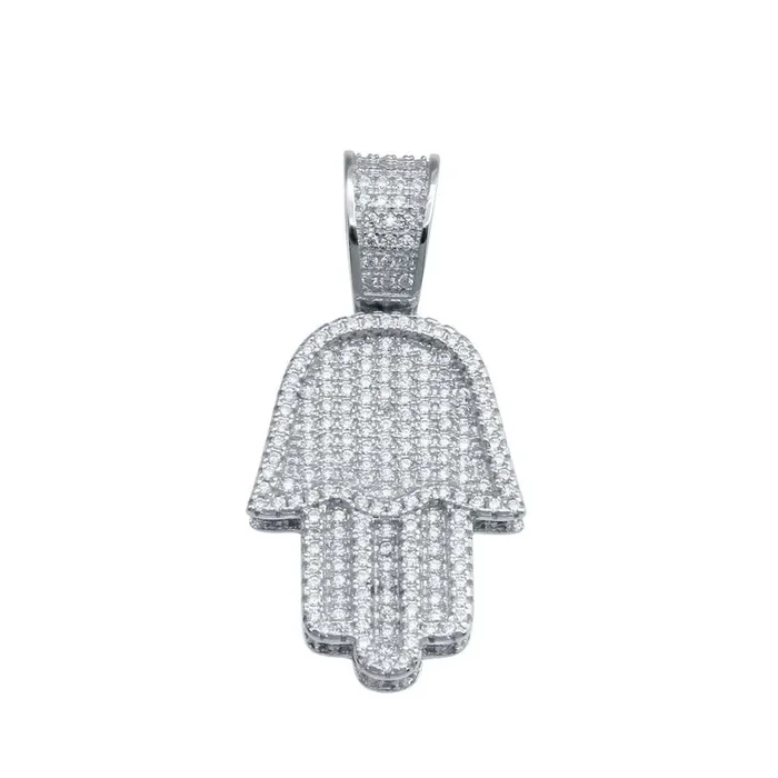 Rhodium Plated 925 Sterling Silver CZ Hamsa Hand Hip Hop Pendant – SLP00233