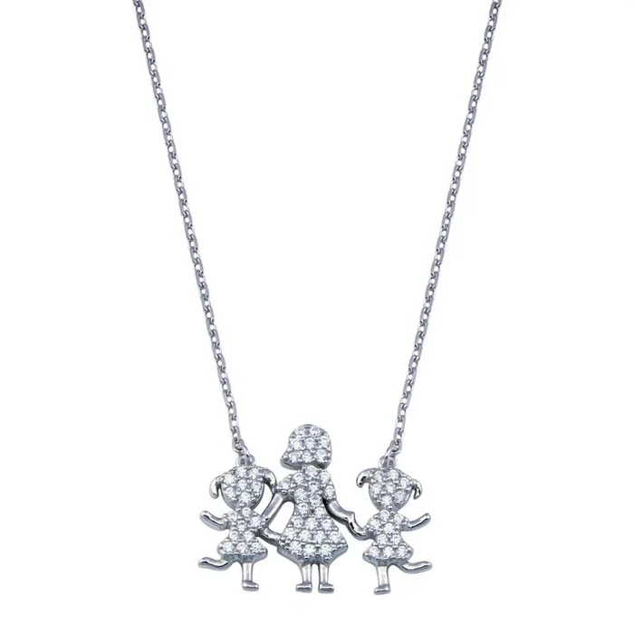 Rhodium Plated 925 Sterling Silver CZ Mother and Daughters Clear CZ Necklace – GMN00109
