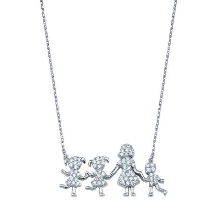 Rhodium Plated 925 Sterling Silver CZ Mother Two Daughters and Son Clear CZ Necklace – GMN00113