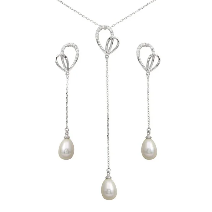 Rhodium Plated 925 Sterling Silver CZ Open Heart with Fresh Water Pearl Dangling Set – BGS00562