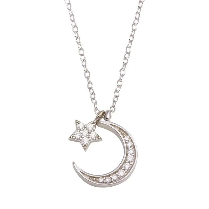 Rhodium Plated 925 Sterling Silver Dangling Flower Crescent CZ Necklace – STP01741