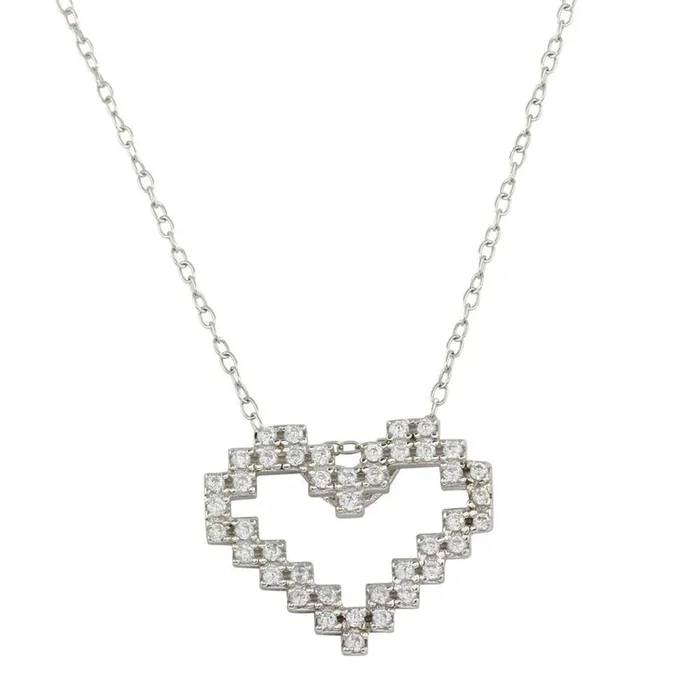 Rhodium Plated 925 Sterling Silver Digital Heart Necklace with CZ – STP01614