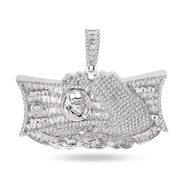 Rhodium Plated 925 Sterling Silver Dollar Bill Cash Clear CZ Pendant – SLP00378