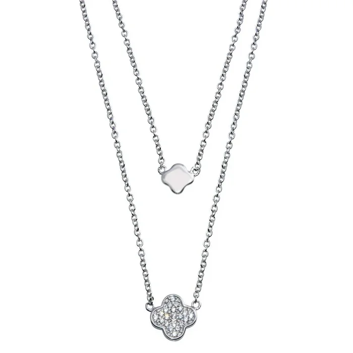 Rhodium Plated 925 Sterling Silver Double Chain Clover Necklace with CZ – STP01507