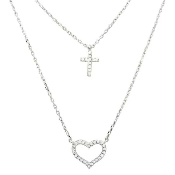 Rhodium Plated 925 Sterling Silver Double Chain CZ Cross and CZ Open Heart Necklace – STP01532
