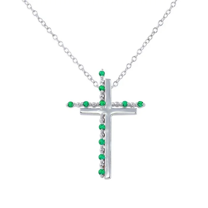 Rhodium Plated 925 Sterling Silver Double Cross Pendant with Green CZ – BGP01272GRN