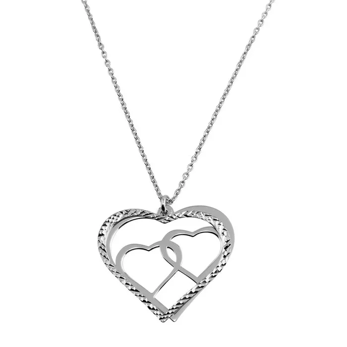 Rhodium Plated 925 Sterling Silver Double Flat Heart Pendant with Two Hearts Design – SOP00021