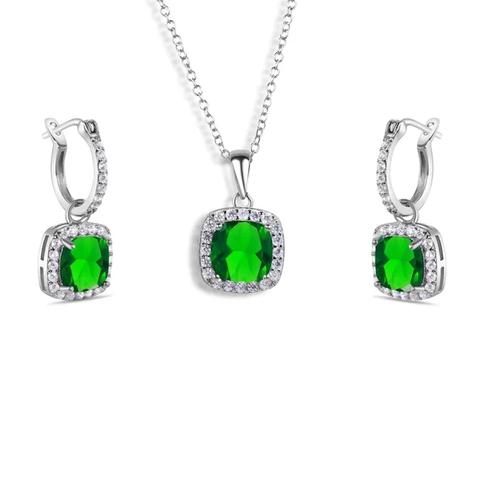 Rhodium Plated 925 Sterling Silver Green and Clear Square CZ Set – STS00549-GREEN