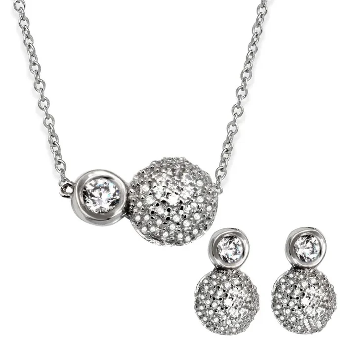 Rhodium Plated 925 Sterling Silver Half CZ Sphere and Round CZ Connected Set – GMS00024RH