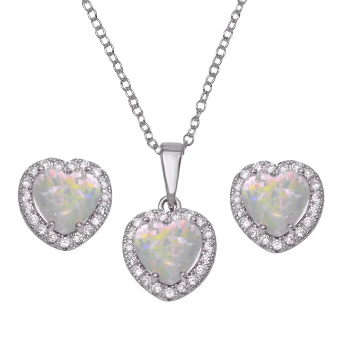 Rhodium Plated 925 Sterling Silver Halo Heart Set with Synthetic Opal and CZ – BGS00552