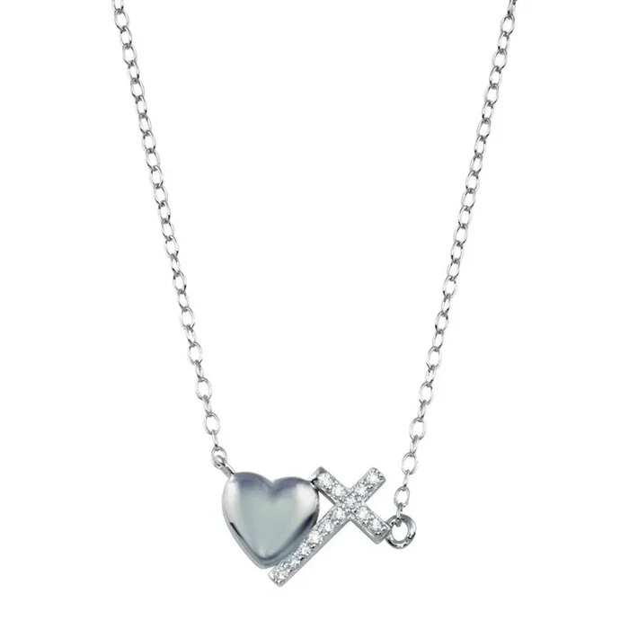 Rhodium Plated 925 Sterling Silver Heart Cross Necklace – STP01784
