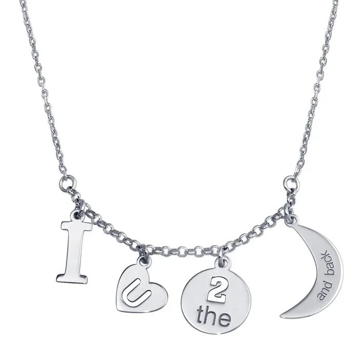 Rhodium Plated 925 Sterling Silver I LOVE U 2 Moon Back Charm Necklace – SOP00112