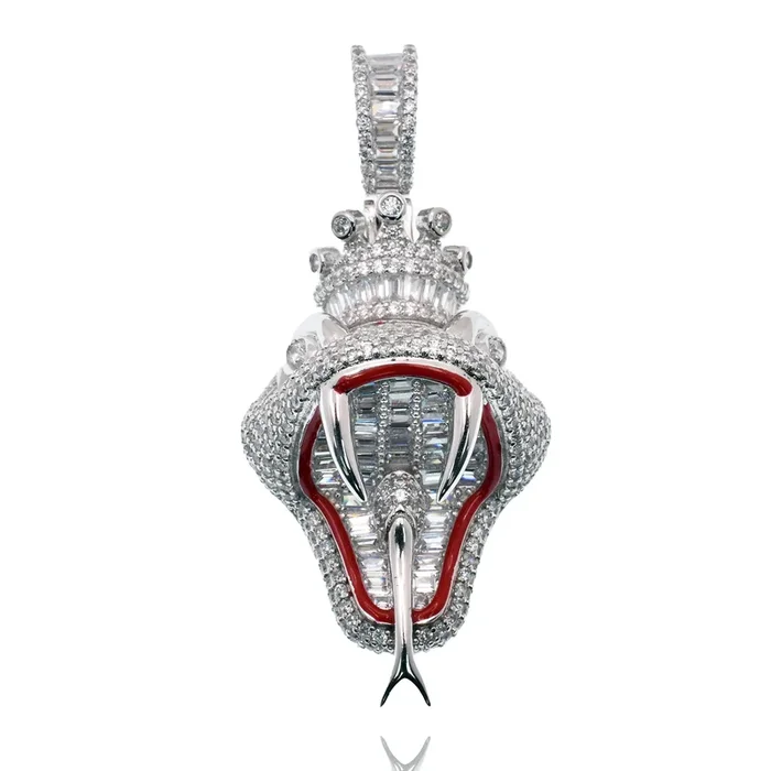 Rhodium Plated 925 Sterling Silver Iced Out King Viper Snake Red Enamel Clear CZ 23mm x 38mm Pendant – SLP00495