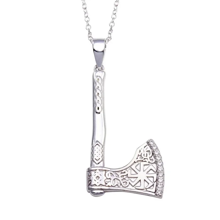 Rhodium Plated 925 Sterling Silver Indian Axe CZ Necklace – BGP01351