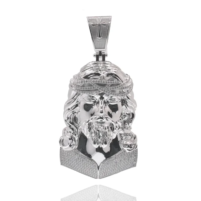 Rhodium Plated 925 Sterling Silver Jesus Christ Cross 49.5mm x 74mm Clear CZ Hollow Pendant – PAP00204