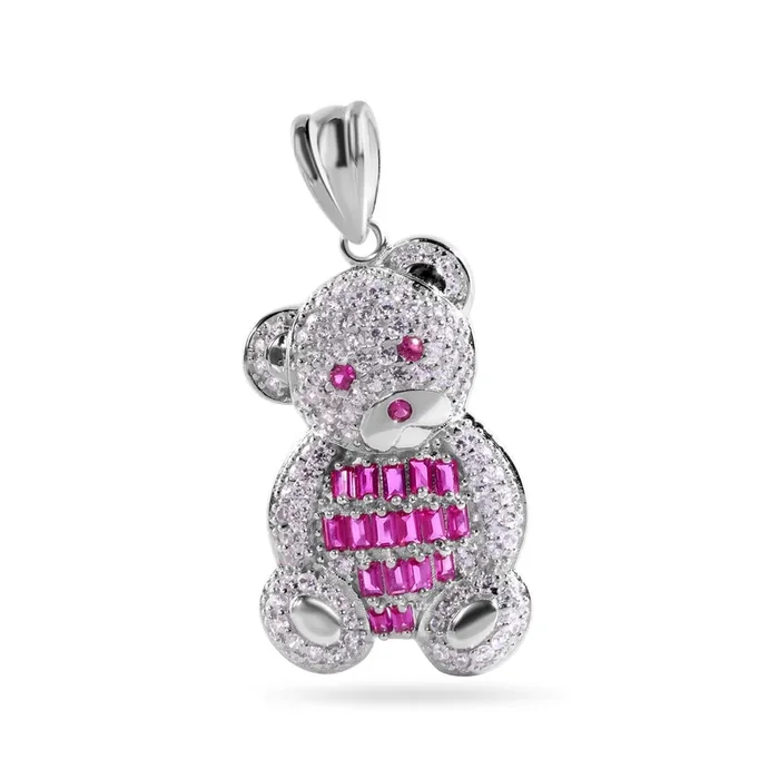 Rhodium Plated 925 Sterling Silver Large 27.2mm Teddy Bear Red Baguette and Clear CZ Pendant – GMP00143