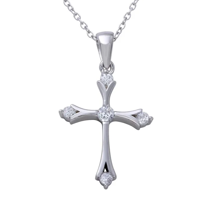 Rhodium Plated 925 Sterling Silver Medium Cross Pendant Necklace with CZ Stones – STP01645