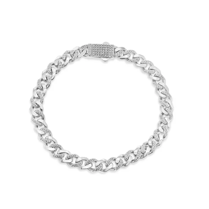 Rhodium Plated 925 Sterling Silver Miami Cuban Half Link Studded Clear CZ 6.9mm Necklace or Bracelet – GMN00235