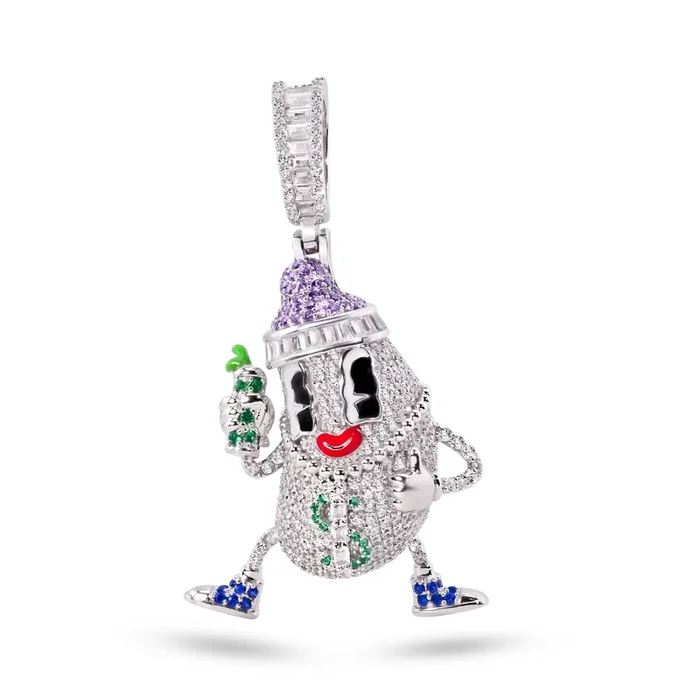 Rhodium Plated 925 Sterling Silver Milk Bottle Hip Hop Clear Purple and Green CZ Pendant – SLP00382