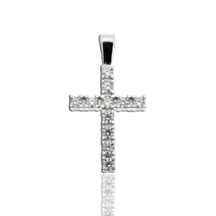Rhodium Plated 925 Sterling Silver Moissanite Cross 9.6mm x 17.5mm Pendant – MGMN00020
