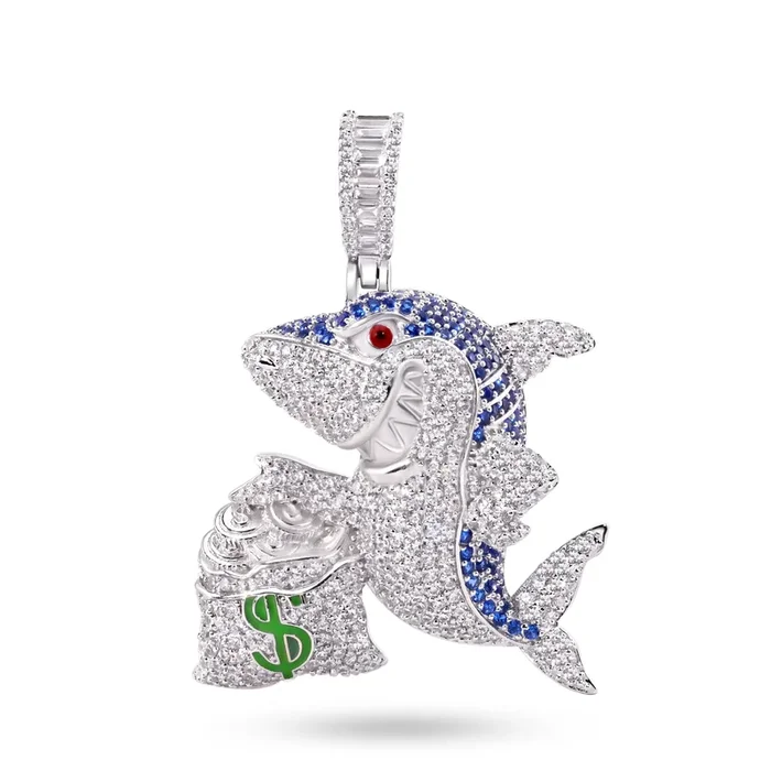Rhodium Plated 925 Sterling Silver Money Bag Shark Greed Clear and Blue CZ Pendant – SLP00423