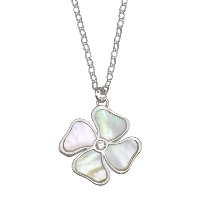 Rhodium Plated 925 Sterling Silver Mother of Pearl and CZ Clover Necklace – GMN00085