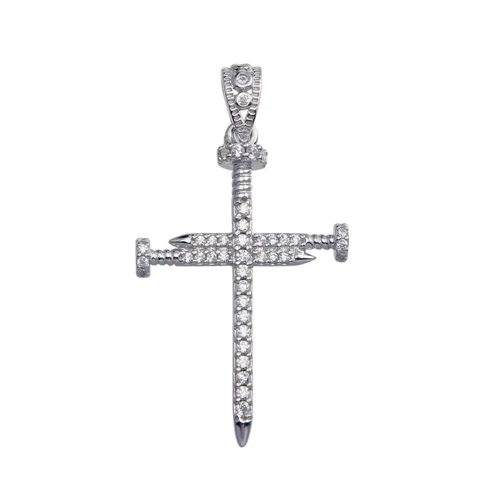 Rhodium Plated 925 Sterling Silver Nail Cross Moissanite Pendant – MGMP00077