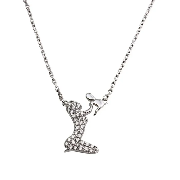 Rhodium Plated 925 Sterling Silver Open CZ Playing Mom With Baby Family Necklace – GMN00051